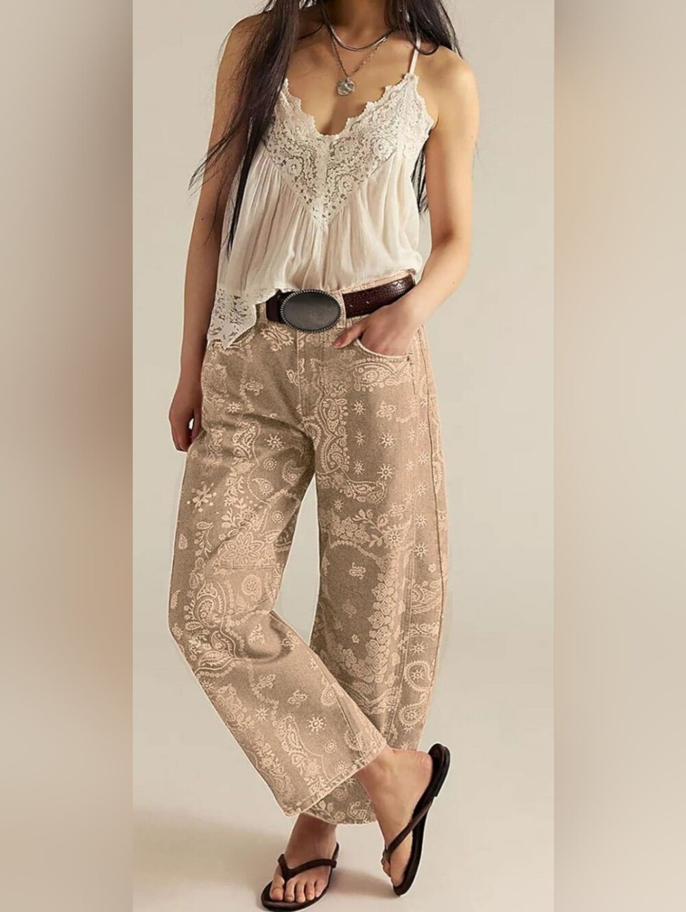 Loveimgs Women Boyfriend Baggy Barrel Khaki Paisley Jean Size Medium US 8-10 NWT